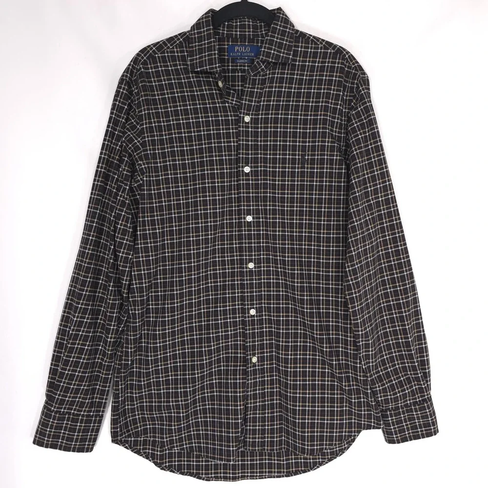 POLO RALPH LAUREN Plaid MEDIUM Shirt Classic Fit Brown Black‎ 100% Cotton
